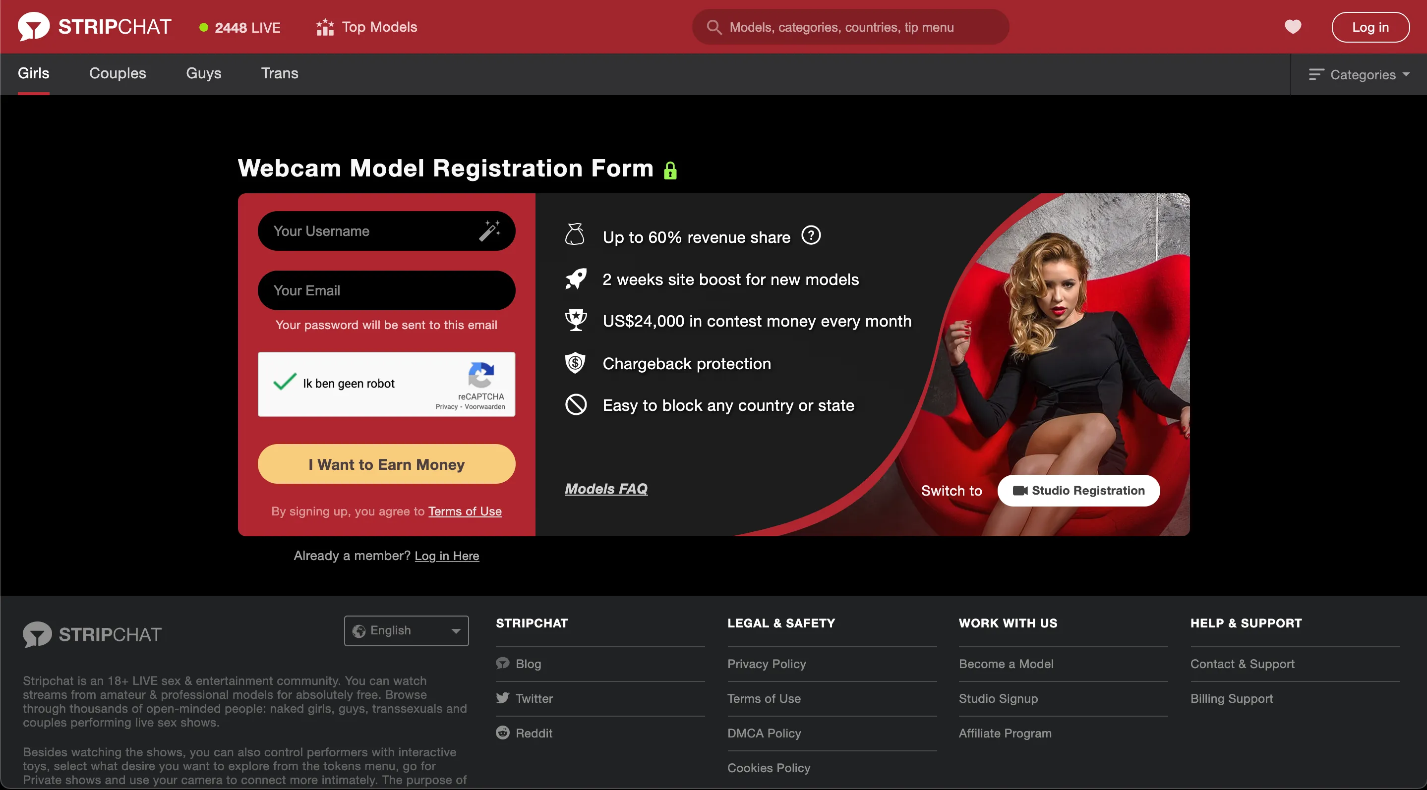 Registratieformulier voor webcammodellen op Stripchat
