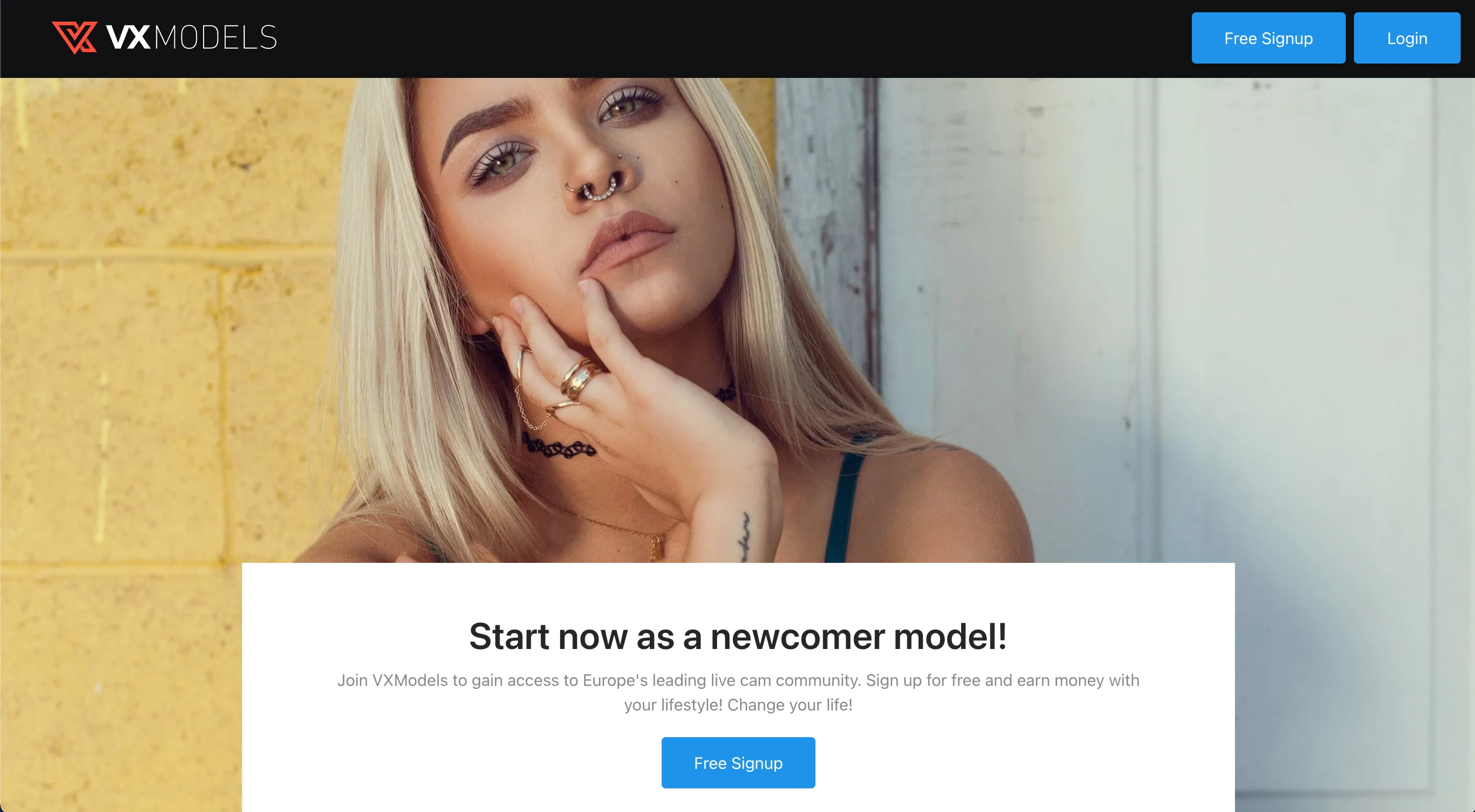 Homepage van VXModels om je aan te melden